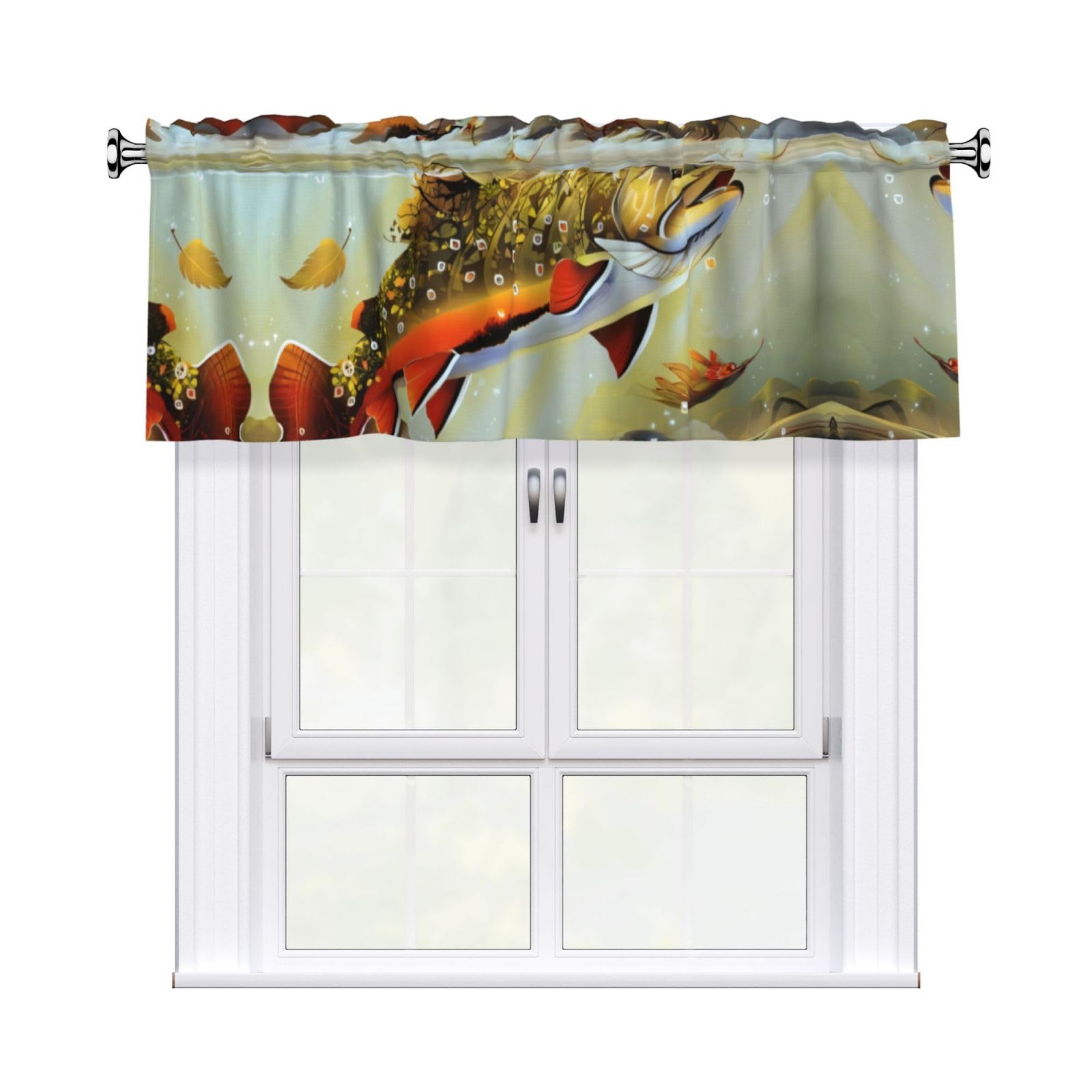 HJFCZH Brook Trout Fly Fishing Prints Curtain Valance 54x18in - Peach Skin Kitchen Window Layer, Filtered Light & Quick-Install Rod Pocket Cover