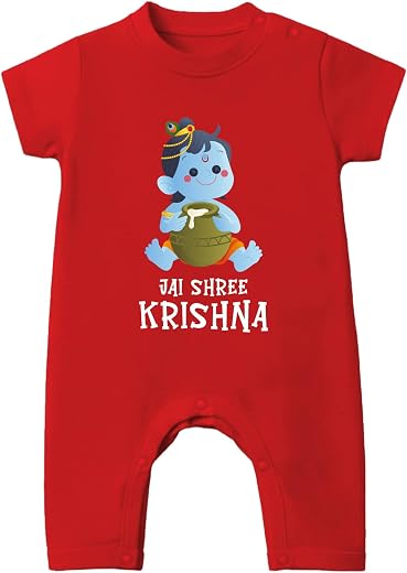Baby Buzz “Jay Shree Krishna” New Born Baby Dress Romper For Boy Girl 100% Cotton Bodysuit | Krishna Janmashtami &amp; Outfit