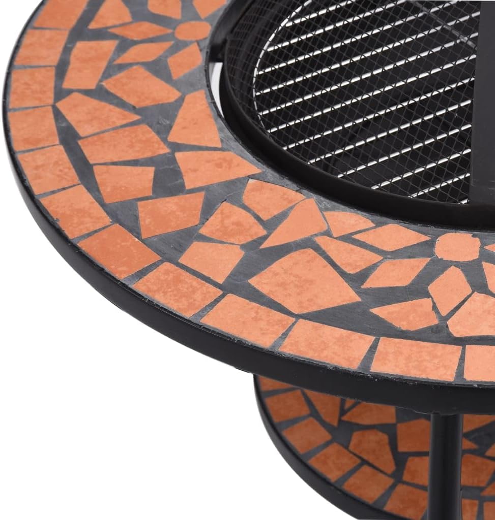 vidaXL Mosaic Fire Pit Table 26.8" Terracotta, Decorative Ceramic Outdoor Fireplace with Safety Mesh, Steel Fire Pit Stove for Garden, Patio