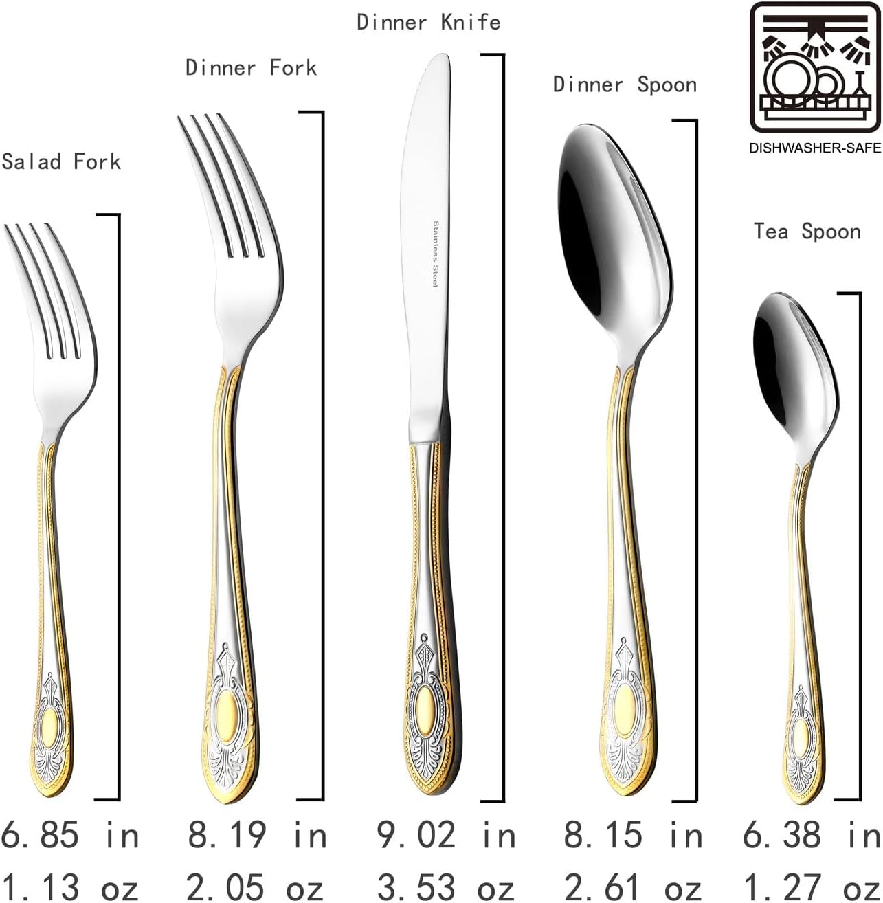 'Medallion' 40-Pcs. Fine Flatware Set, Silverware Cutlery Dining Service for 8, Premium 18/10 Surgical Stainless Steel, 24K Gold-Plated Trim