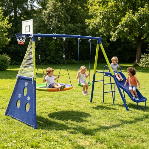 Kinderschaukelanlage für Garten, 5-in-1 Schaukelset mit Nestschaukel, Standardschaukel, Rutsche, Basketballkorb, Fußball-Zielscheibe, Metallrahmen Outdoor Spielplatz für Kinder ab 3 Jahren