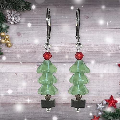 Miniatura 2 de CariCat Designs Boho Chic Handmade Christmas Holiday Red Prism and Green Czech Glass Christmas Tree with Black Jasper Stone Base Earrings - French