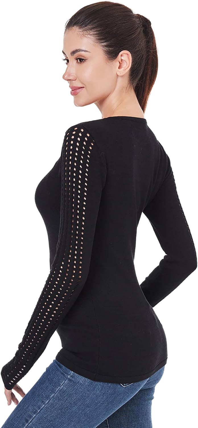 AmélieBoutik Women Crew Neck Eyelet Trim Long Sleeve Knit Top Sweater - Image 3