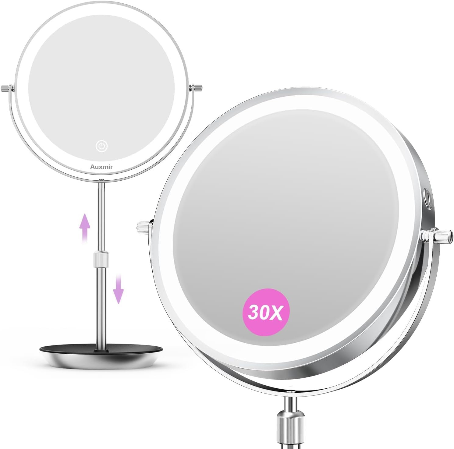 Auxmir Espejo Maquillaje con Luz, 30X/1X Aumento Espejo Telescópico Altura Ajustable 3000mAh Recargable USB, 3 Colores de Luz 60 Leds Brillo Regulable 360 Giratorio, Plata