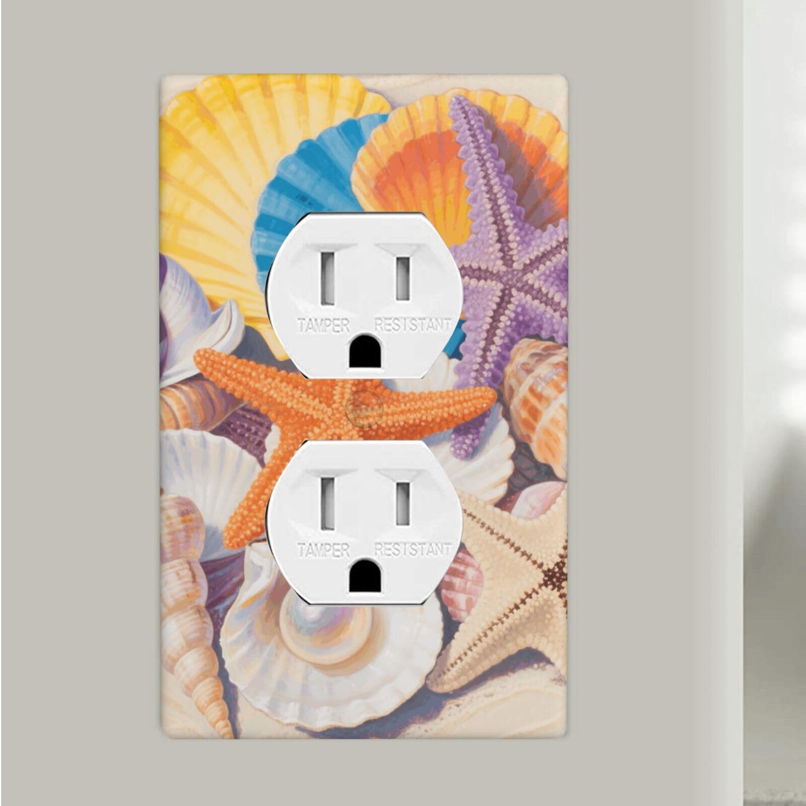 Colorful Seashell And Starfish Duplex Outlet Covers Wall Plates 1-Gang Switch Outlet Electrical Cover Plate Unbreakable Polycarbonate Switchplate Cover Faceplate For Bathroom Kitchen Home Decor