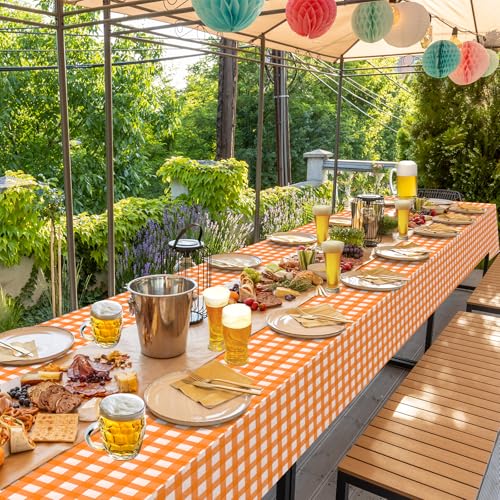 Image of 12 Pack Orange Plastic Checkered Tablecloth, Premium Decorative Disposable Orange Gingham Plaid Table Cloths for Parties, Rectangle Party Table Cover for Fall Thanksgiving Picnic Birthday, 54x108 Inch