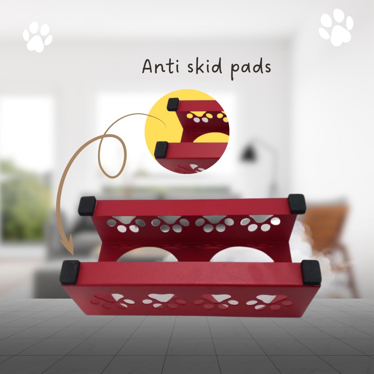 Metal Red Stylish Dog Bowl Stand | 2 Stainless Steel Bowls for Raised Dogs & Cats | Elevated Dog Food Removable Bowls | Pet Feeder & Water Dispenser for All Breeds Paw Design (Set of 2, Each 900ml) 4