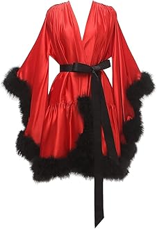 Changuan Women's Feather Robe Silk Satin Fur Bridal Robe Short Dressing Gown Bathrobe Lingerie Nightgown Sleepwear