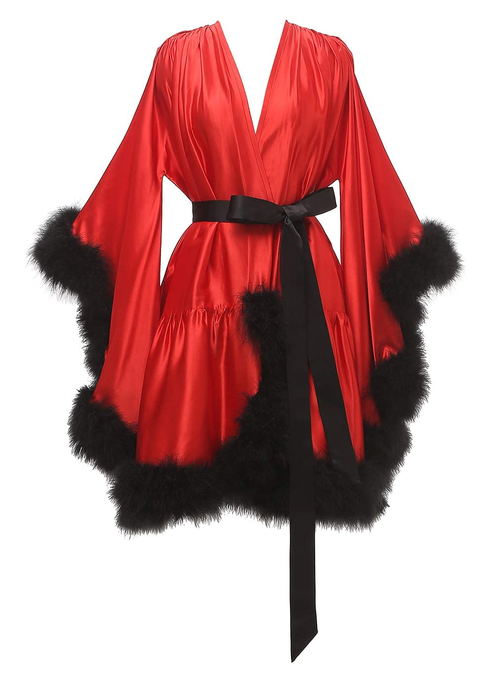 Changuan Women's Feather Robe Silk Satin Fur Bridal Robe Short Dressing Gown Bathrobe Lingerie Nightgown Sleepwear