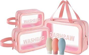 3 Pieces Transparent Travel Beauty with 3 Bottles Waterproof Travel Cosmetic Bag Portable Washbag Clutch Women Makeup for Bathroom, Pool, Travel, Plane, pink, translucent waterproof