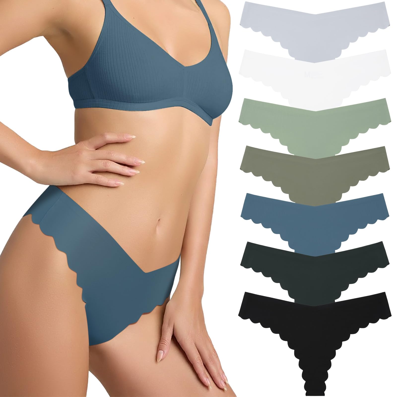 LEVAO Seamless Thongs for Women-No Show Underwear-Invisible Silky Panties- Sexy V-waisted Wavy Sides G-String Panties 7 Pack