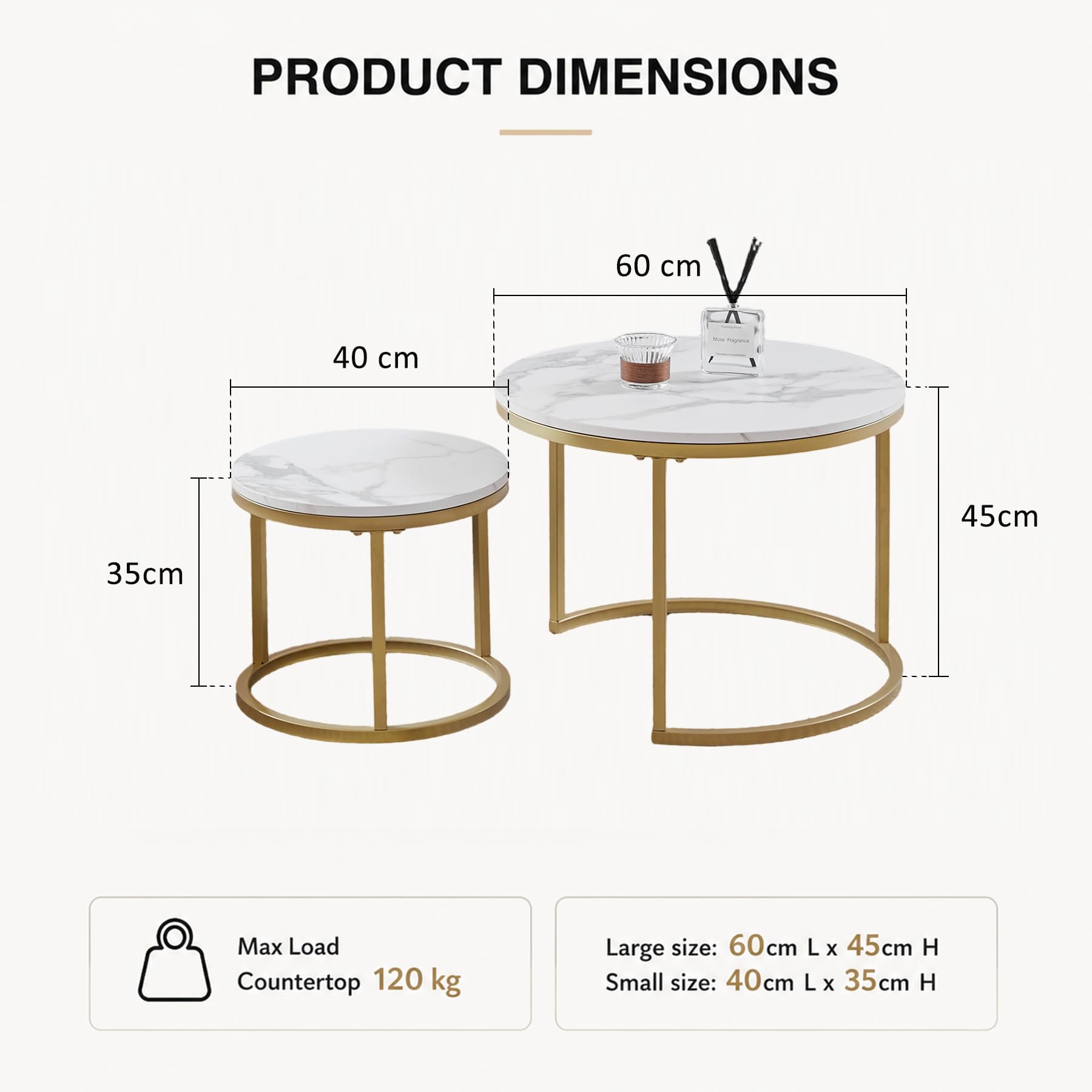 Lot de 2 Tables d'appoint Rondes, Table Basse, Grande : 60 x 60 x 45 cm ; Petite : 40 x 40 x 35 cm, Blanc et Or