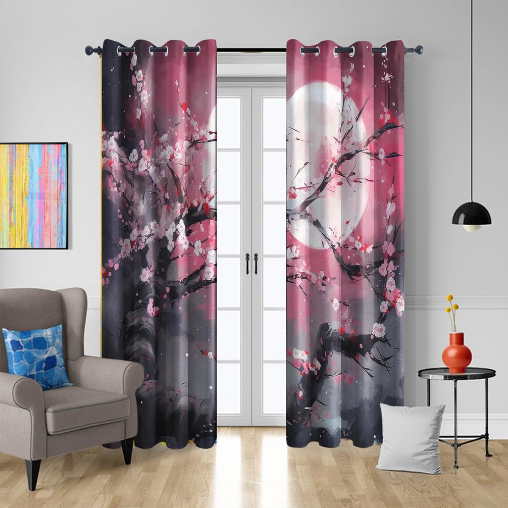 Rideau Motif Style Japonais Fleurs de Cerisier, Rideaux Thermiques Isolant Anti Froid, Rideaux Occultant À Oeillets, Lot De 2 Rideau Blanche Motif 140x240 Cm Décoration Salon,L,140x200H cm (2 panels)