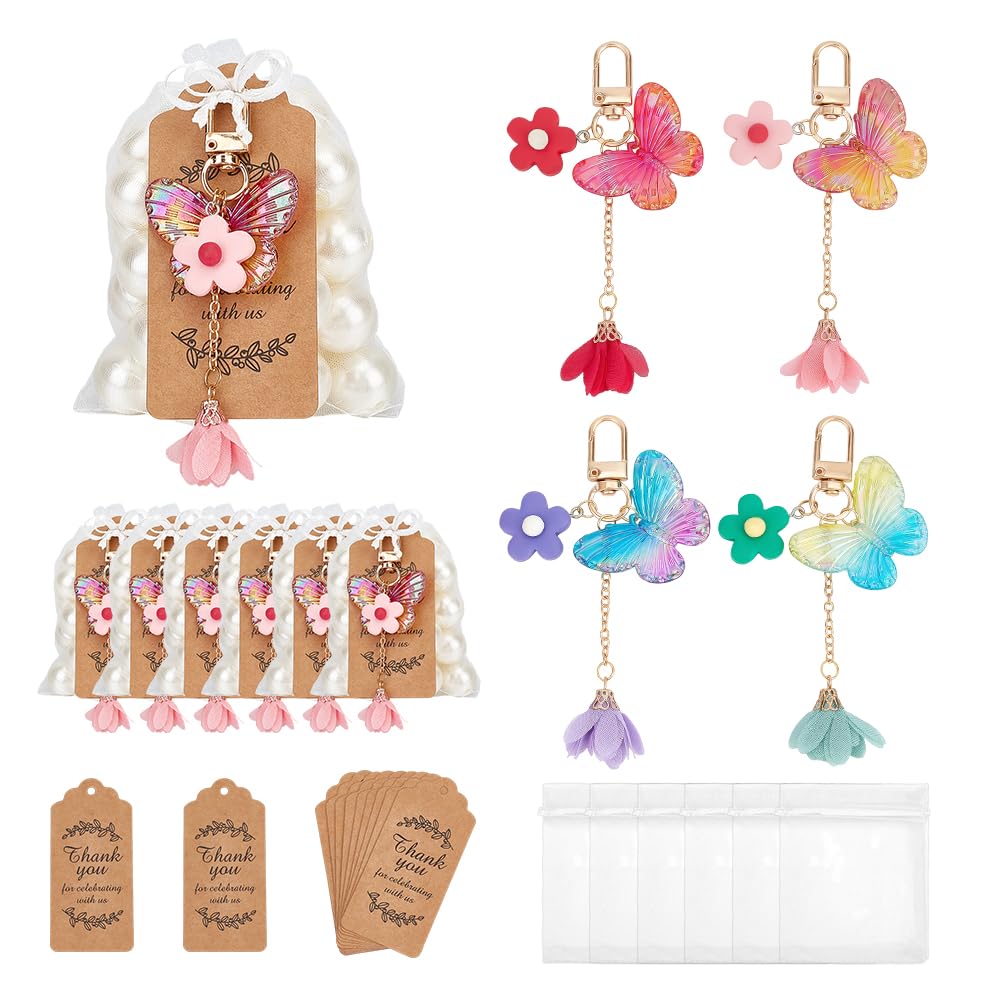 PH PandaHall Set di 24 bomboniere a forma di farfalla, in 4 colori, con portachiavi, in organza, con etichette di ringraziamento e cordino di iuta, per Natale, compleanno, matrimonio, souvenir