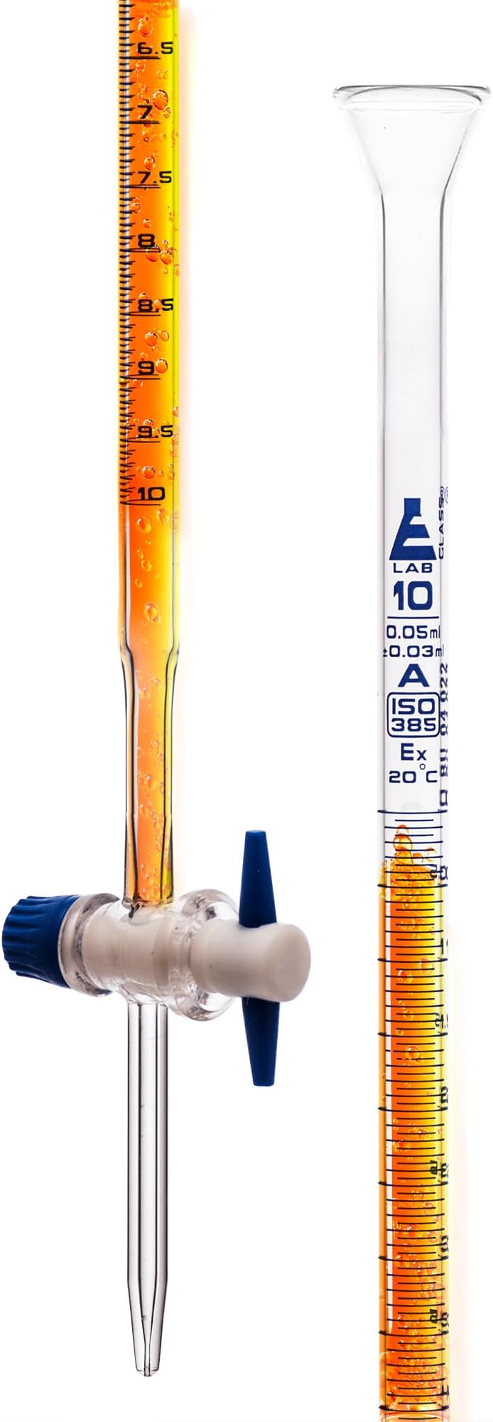 Burette with PTFE Key Stopcock, 10Ml - Class A - 0.05Ml Sub Div. Blue Graduations - ±0.03Ml Tolerance - Borosilicate Glass - Eisco Labs