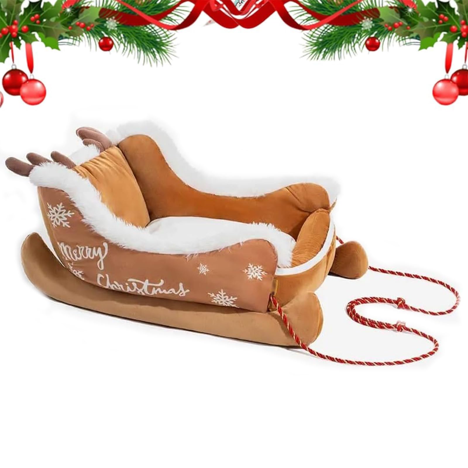 Christmas Sleigh Dog Bed, Festive Plush Cosy Dog Bed, Removable & Washable Plush Pet Warm Sofa with Non-Slip Base (Yellow,Large) — image 1