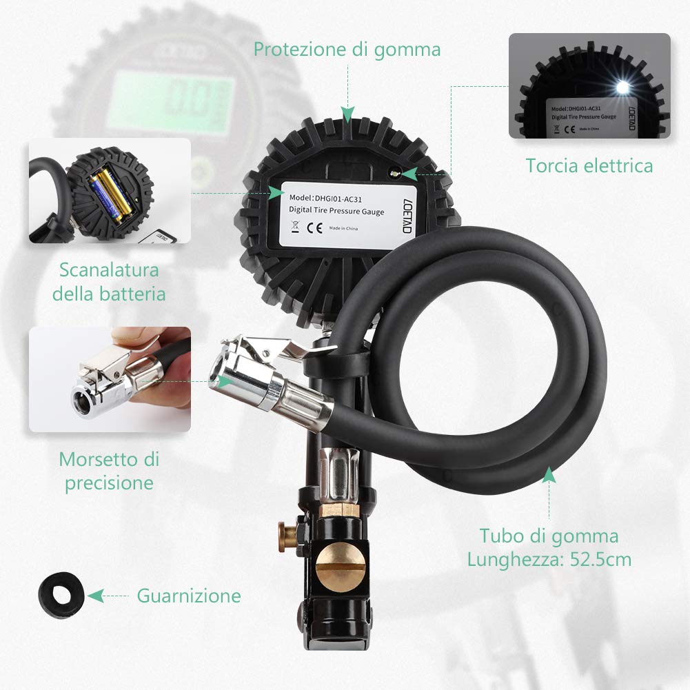 Tooleff Digital Tester Di Pressione Dell' Aria Con Penna Pneumatici Manometro Lcd Retroilluminazione Manometro 255 Psi Precisione Manometro Per Auto Auto - Foto 8