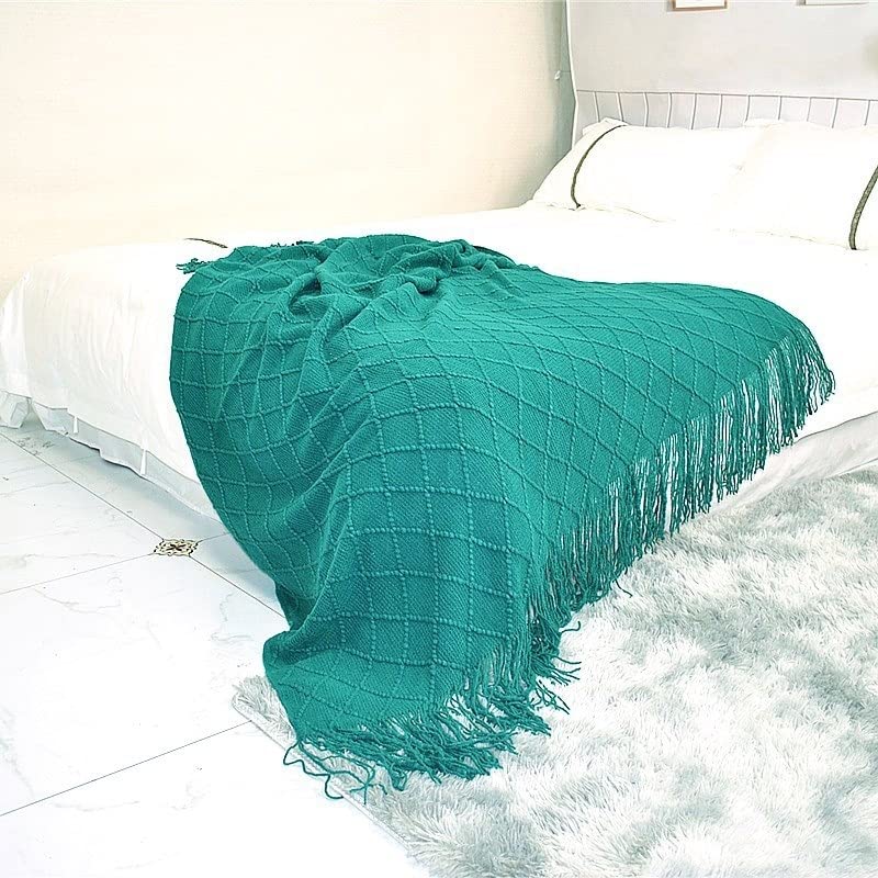Couverture tricotée coton menthe pour lit beige rose chaud grand plaid canapé 130x260cm