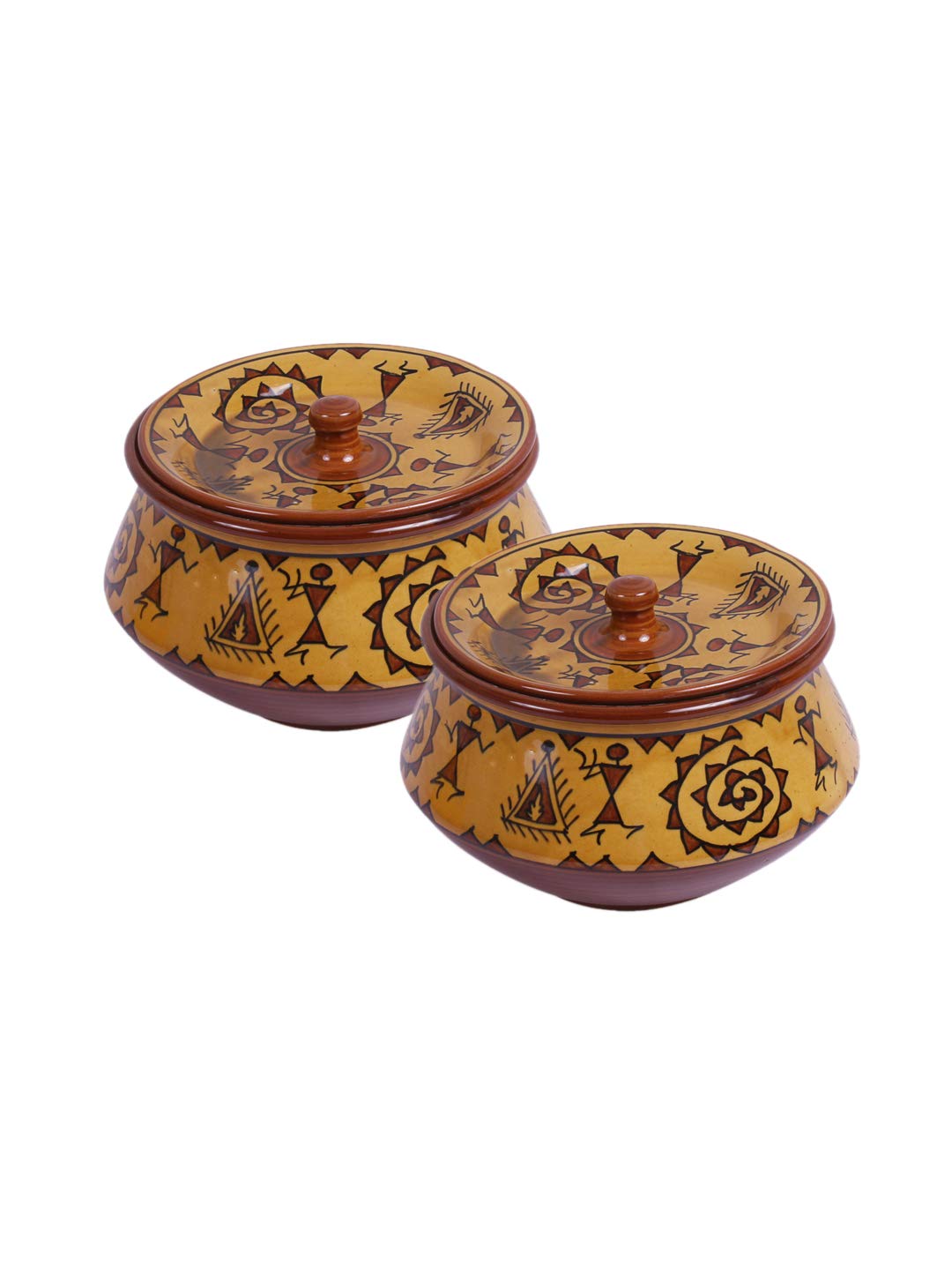 VarEesha Warli Ceramic Small Handi Serving Bowls (Brown) -Set of 2