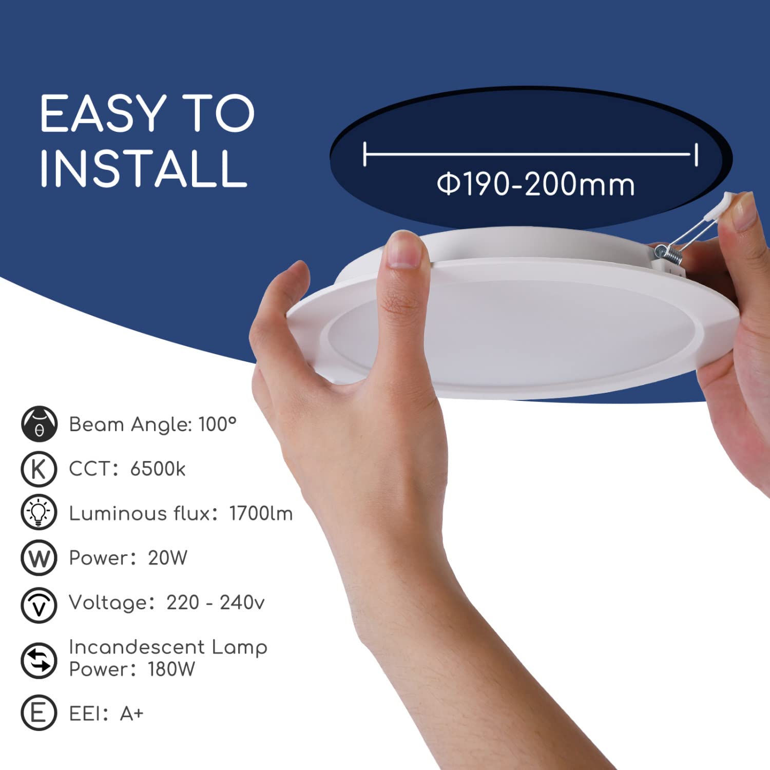 Aigostar 20W Slim Downlight LED Techo， Equiv a 180W. 1700LM 6500K， CRI> 80. Ojos de Buey LED para Techo. 200-240V No Requiere Transformador. Pack 6 uds focos empotrables led， Ф190-200mm