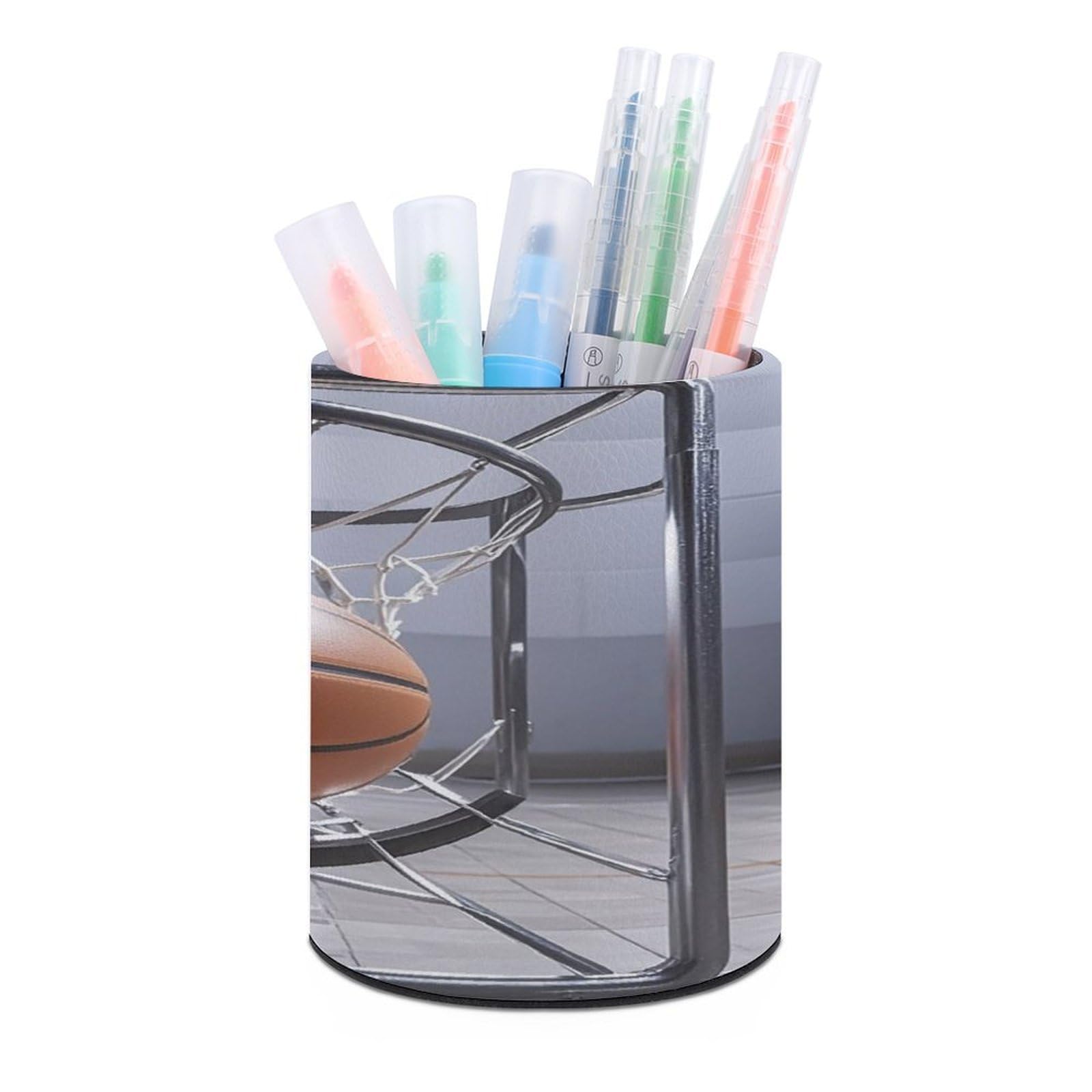 FekiLoot Round Basketball Pen Holder for Desk PU Leather Waterproof Pencil Cup Stand Minimalist Makeup Brush Storage Organizer Desktop Stationery Container Accessorires