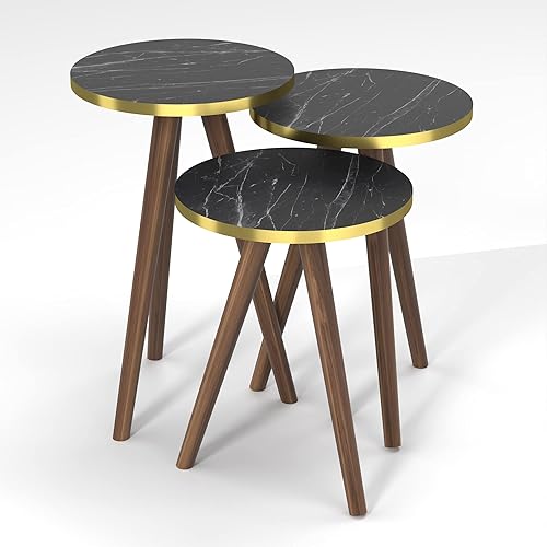 Round Nesting Set of 3, Modern Woodgrain Look with Black Base for Living Room Coffee Tables or Nightstands - Side End Table (Black Marble Design - Gold Side, Round-Wood Leg)