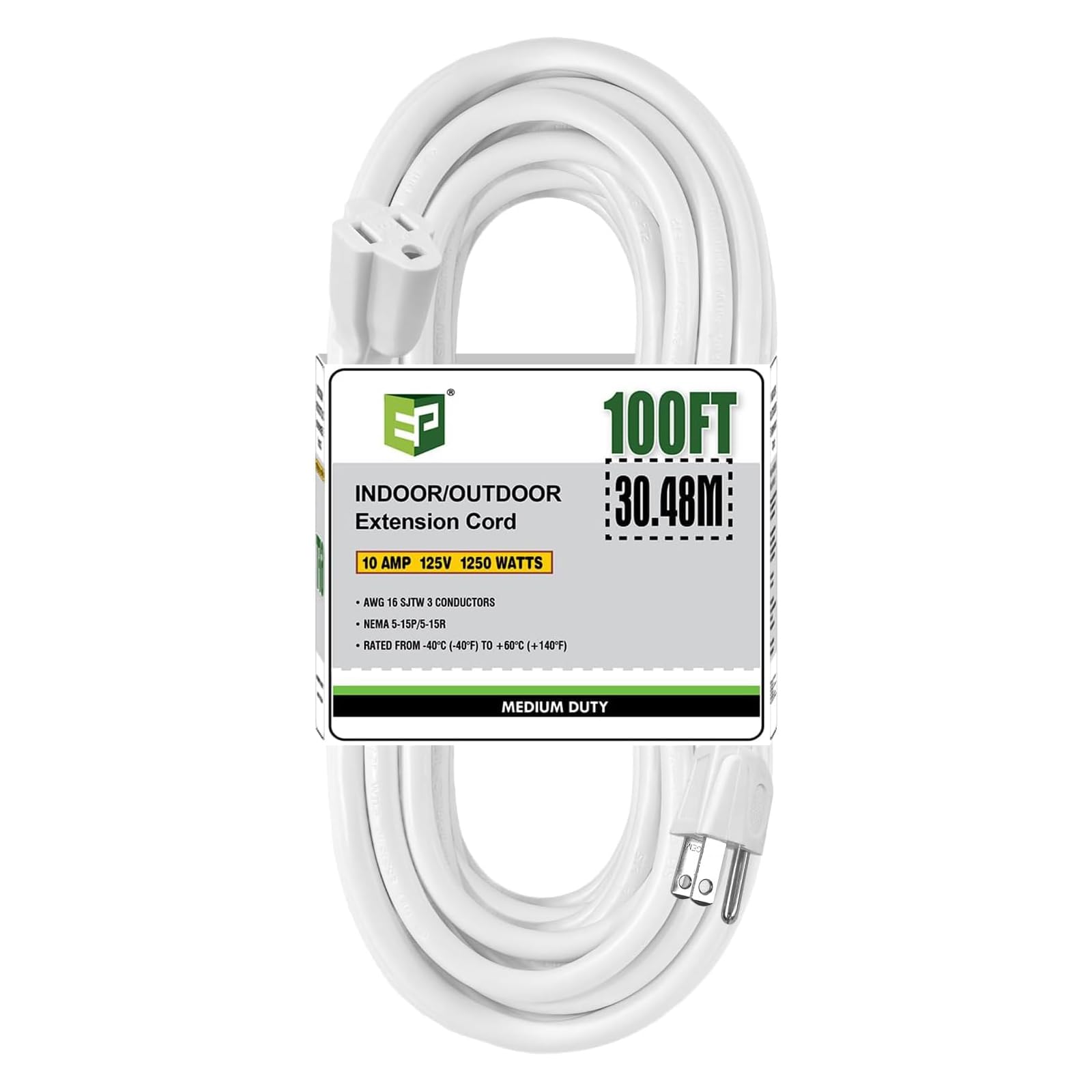 EP 100 FT Outdoor Extension Cord, 16/3 SJTW Heavy Duty White, ETL Listed
