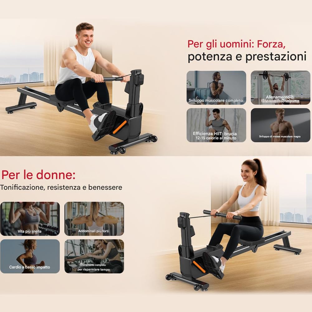 BAKAJI Vogatore Pieghevole con 8 Livelli di Resistenza e Sistema di Chiusura Salvaspazio e Spostamento con Rotelle Ergonomiche, Rematore Silenzioso da Palestra Fitness Home Gym per Cardio
