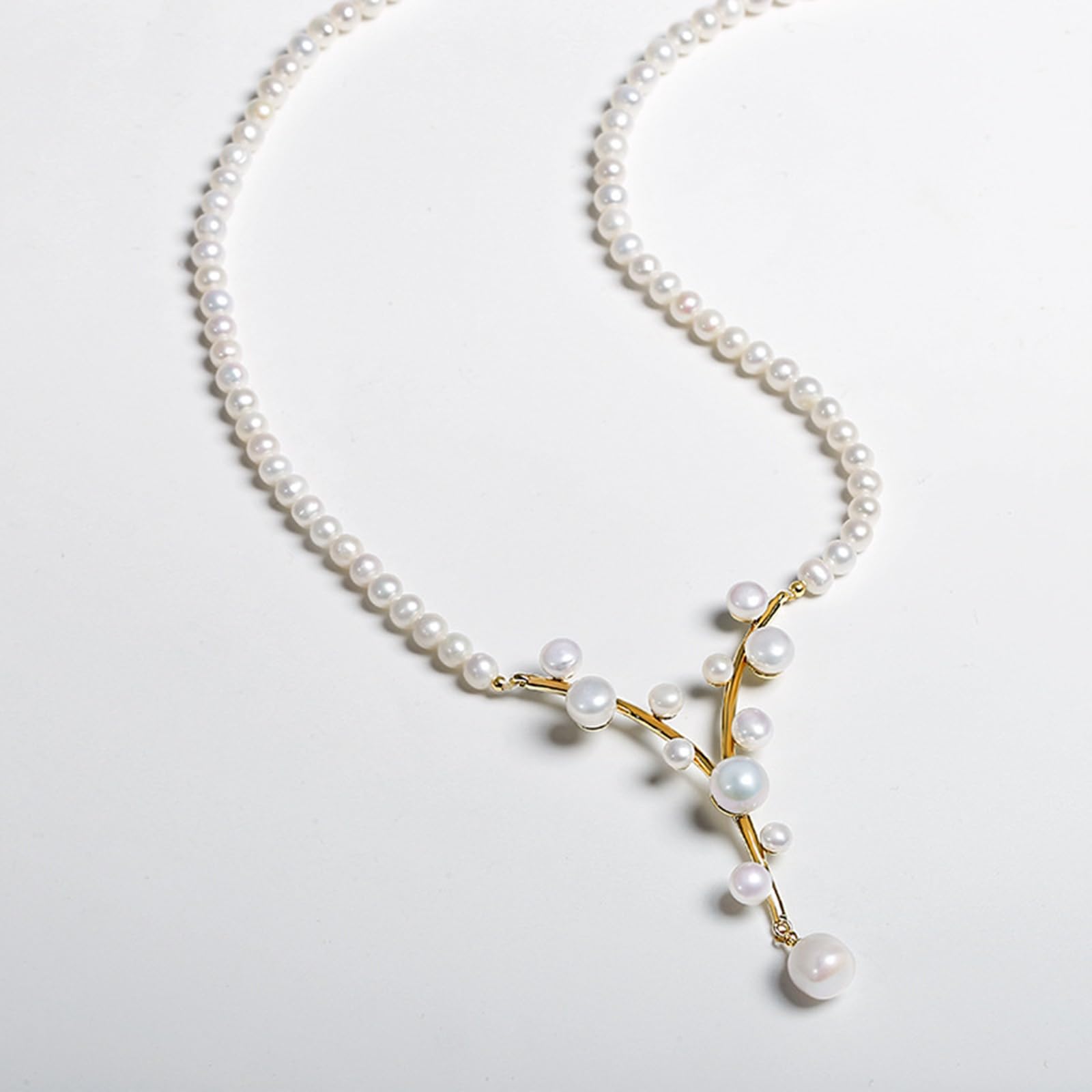 Collier Y Perles d'Eau Douce 4-10mm, Ras du Cou Femme Plaqué Or Fantaisie Mariage, 41+5.5cm