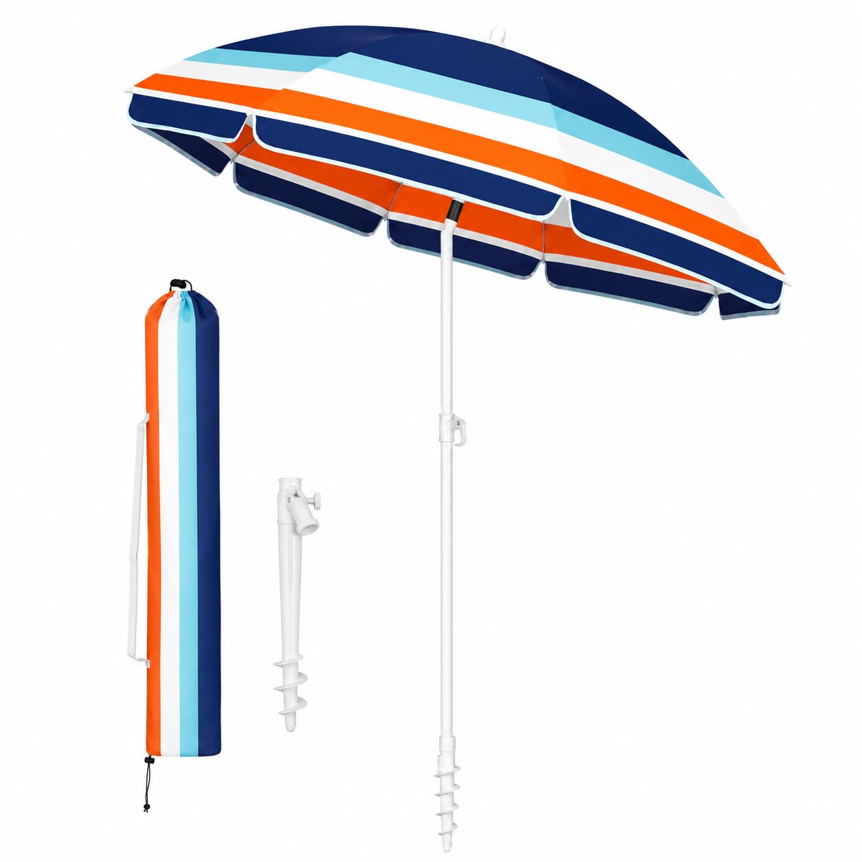 Parasol de Plage Alu Luxe Inclinable 210 cm UPF 50+ – Fibre de Verre, Pied Vissable, Housse de Transport et Toile Anti-UV