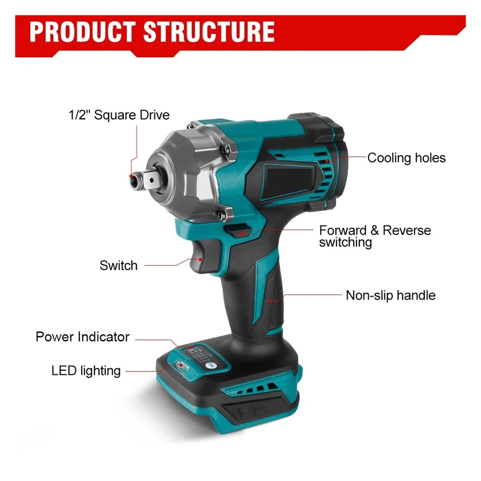 Llave de Impacto Llave De Impacto Eléctrica Sin Escobillas 1200N.M, Llave Eléctrica Inalámbrica De 1/2 Pulgadas, Destornillador, Herramientas Eléctricas For Batería De 18V