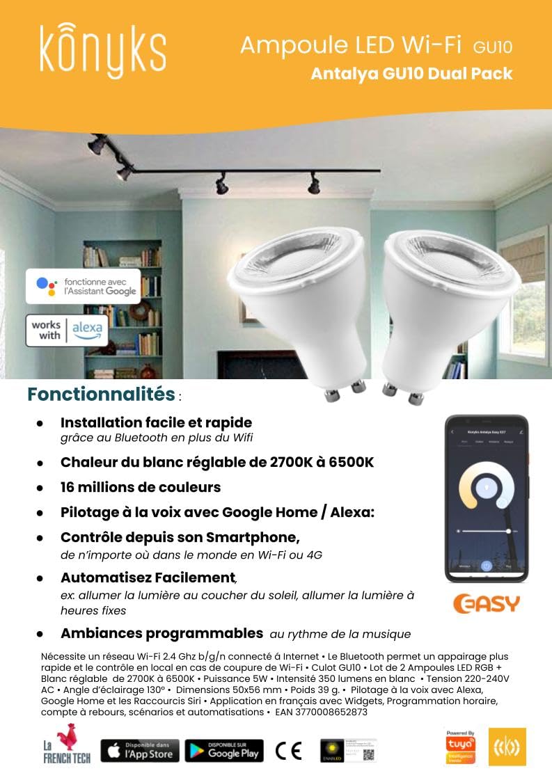 Ruban LED Connecté Konyks Dallas - 16M De Couleurs, Pilotable Par Wi-Fi Et Voice Alexa/Google