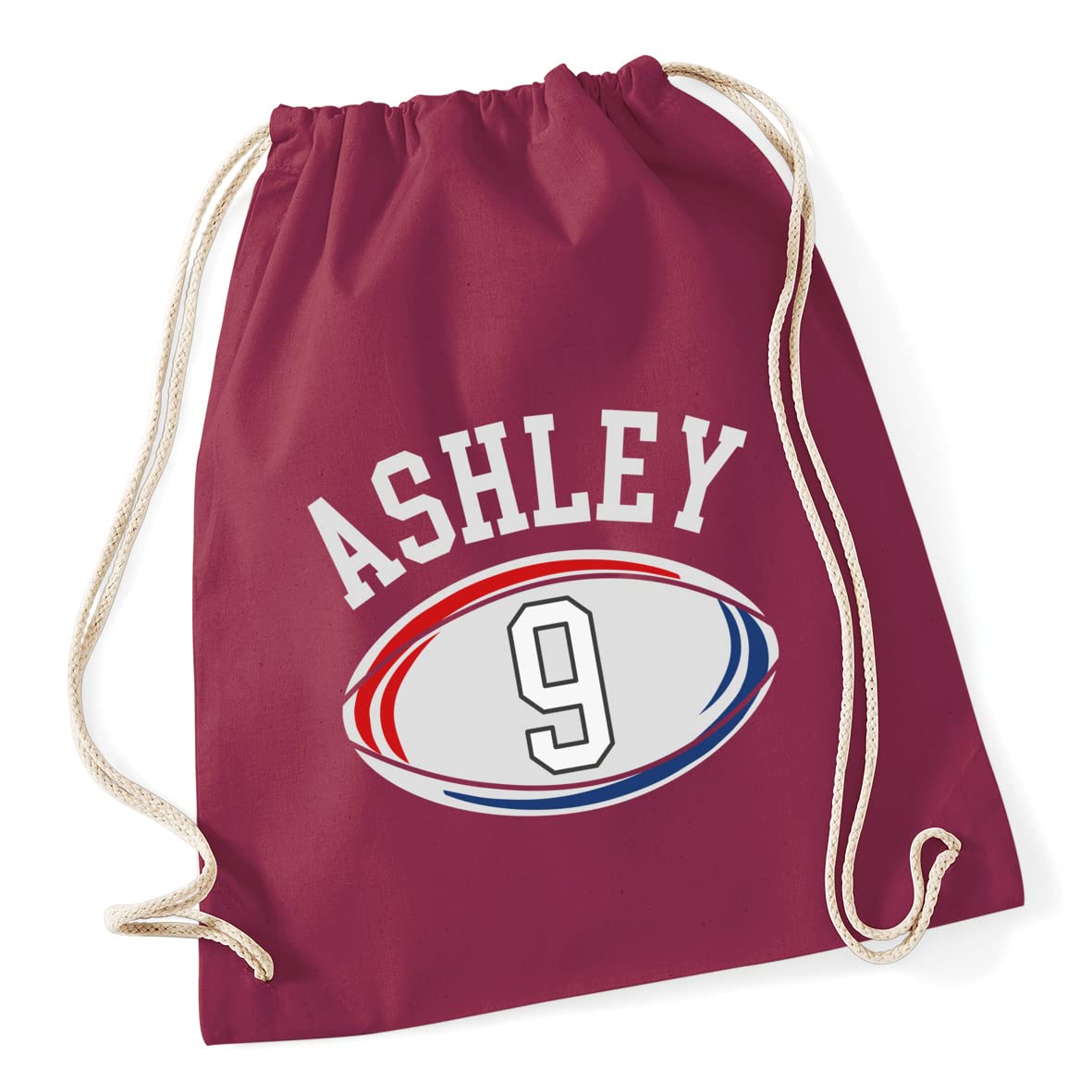 Hippowarehouse Personalised UK Rugby Ball Name with Number Drawstring Cotton School Gym Bag 37cm x 46cm, 12 litres