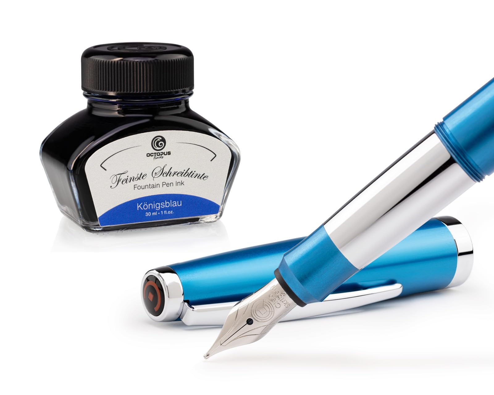 Set di penne stilografiche Cleo Skribent Colour blue, penna stilografica a cartuccia e 30 ml di inchiostro blu