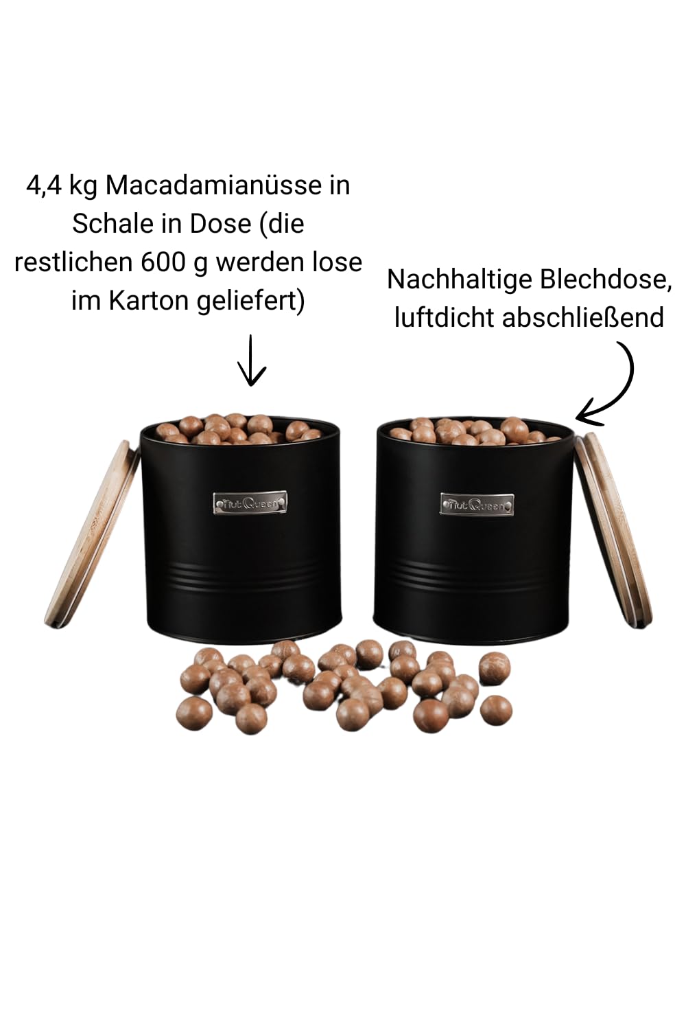 Vorratsset, 5 kg Macadamianüsse in Schale, 2 luftdichte Aufbewahrungsdosen aus Blech mit Bambusdeckel