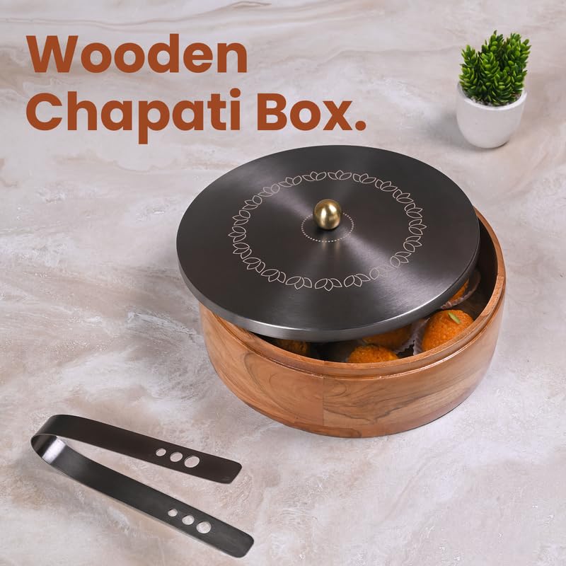 Image of Wooden Chapati Box for Kitchen - Casserole for Roti with Stainless Steel Brass Lid | Wooden Chapati Box with 1 Tong | Traditional Kitchen Organizer - GunMetal (Lotus Bloom Laser Etching)