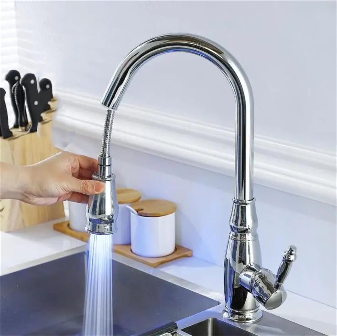 ZQFHSX Led Kiten Faucets Nickel Single Handle Pull Out Tap Hole Swivel Water Mixer LWX