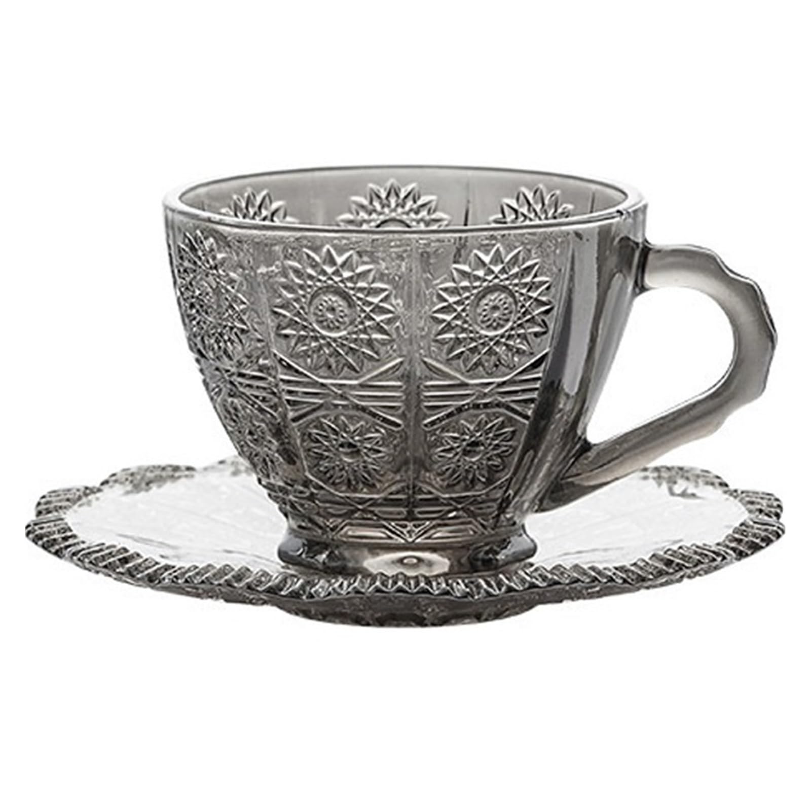 Taza de café vintage de vidrio gris con relieve de girasol elegante
