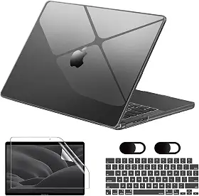Capa Macbook Air M1 13,3'' A1932/A2179/A2337 (2018-2020), Vem Com Película de Teclado, Película de Tela Hidrogel e Tampa Protetora para Câmera, Rigido, Leve e Fina (Transparente Preto)