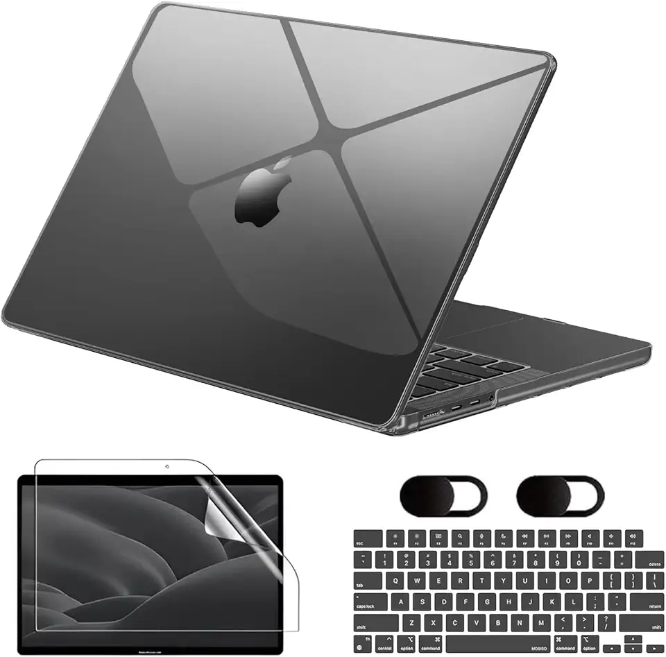 Capa para Macbook New Air 13,6'' A2681 (M2) 2022/A3113(M3) 2024/A3240(M4) 2025, Com Película de Teclado e Película de Tela Hidrogel, Película de Privacidade para Lente (Transparente Preto)