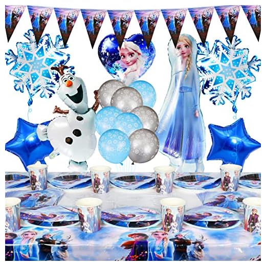 Vajilla de Cumpleaños de Niños,59Pcs Vajilla de Fiesta de Cumpleaños Fro-Zen Decoraciones Cumpleaños - Platos, Toallas de Papel, Manteles, Vasos de Papel, Globos de Látex, Banderín