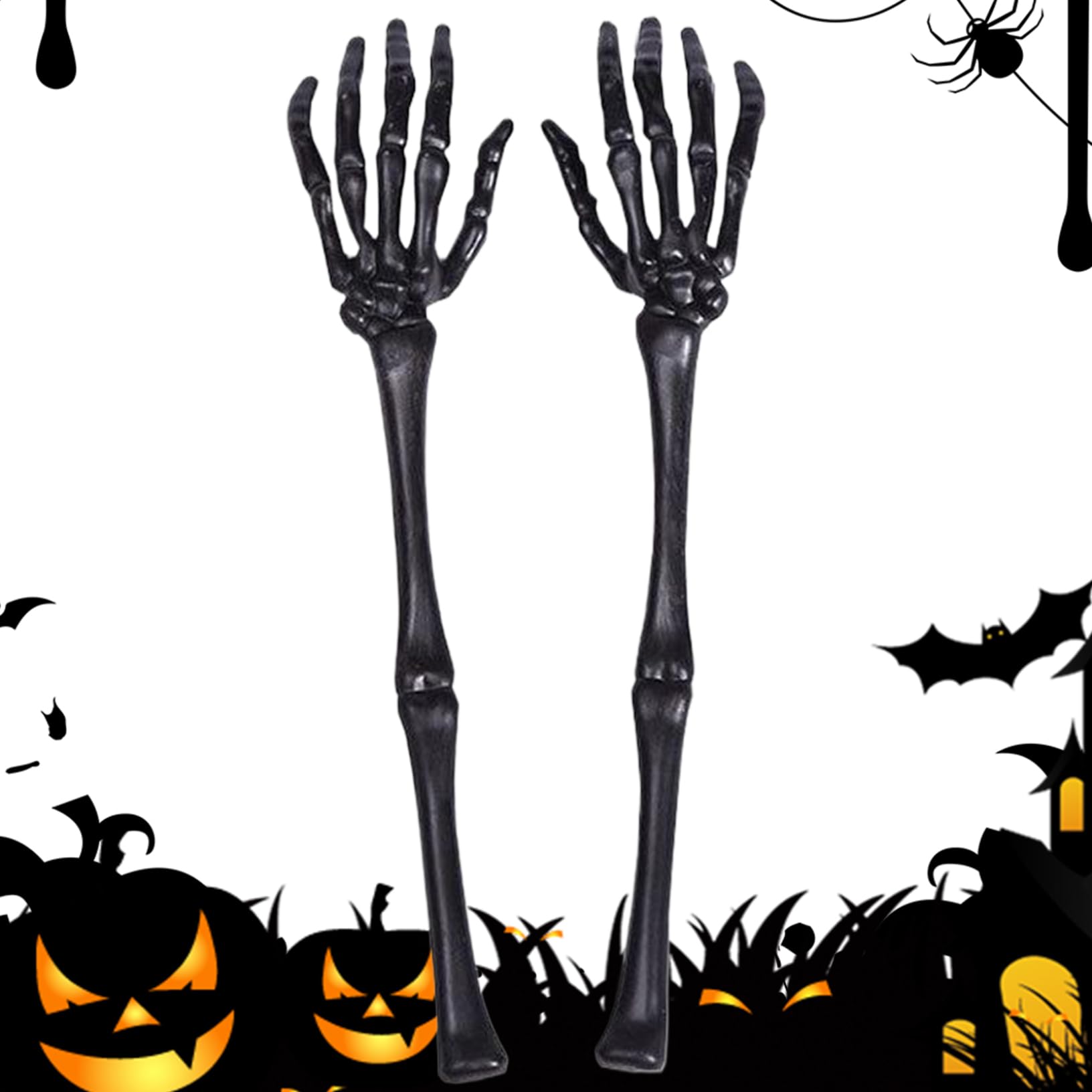 Monwssoe Halloween Decor, 1 Pair Halloween Skeleton Hand Bone 12.6in, Human Skeleton Arm with Hand, Scary Decorations for Party, Haunted House, Black