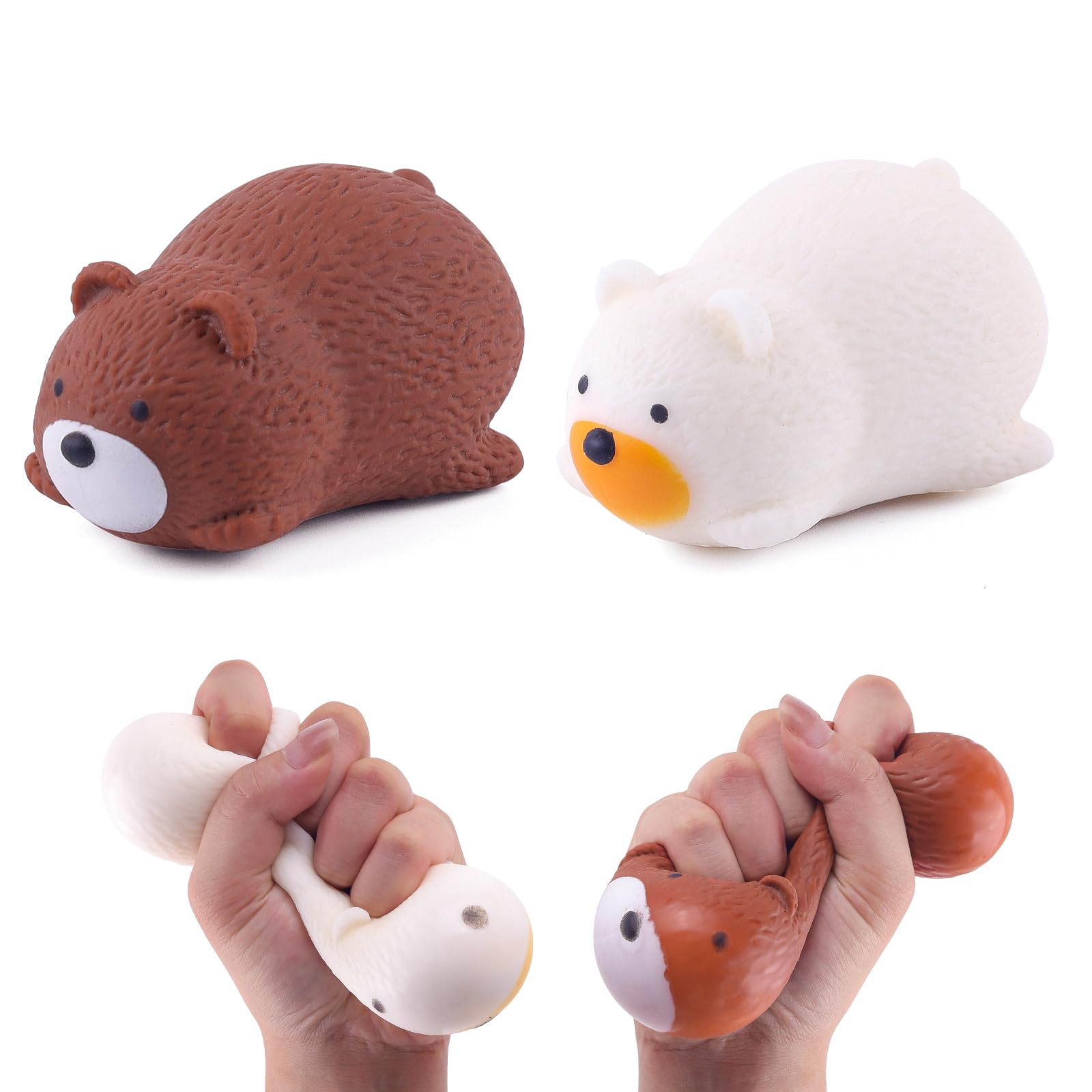 Anboor 2 Pcs Lying Bear Squishies Toys, Stretchy Bear Stress Ball, Sensory Simulation Bear Animal Fidget Toy for Kids and Adults (Brown & White)