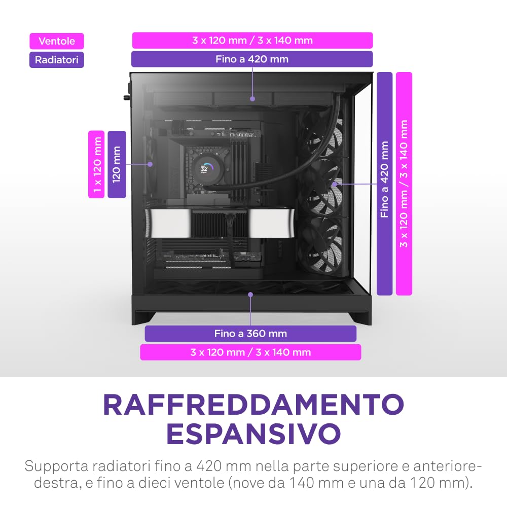 NZXT H9 Flow (2025) – Grande Case PC ATX Mid-Tower a Doppia Camera con Flusso d'Aria – Include 3 Ventole da 140mm e 1 da 120mm – Supporto Radiatore da 420mm – Vetro Temperato – Nero