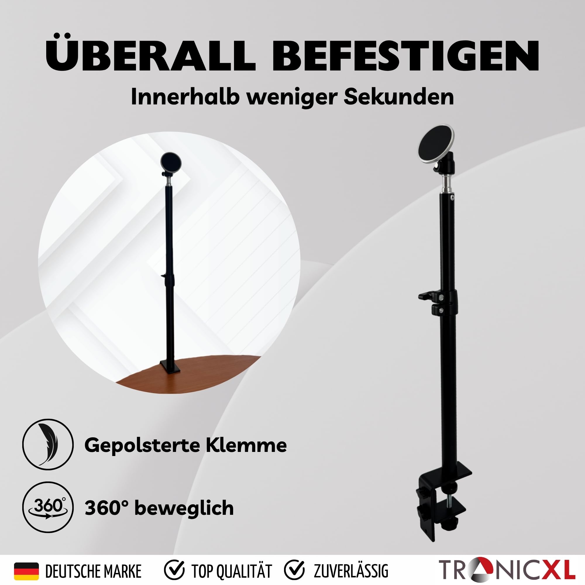 TronicXL Handy Klemmhalterung mit Magnet kompatibel mit Apple Magsafe iPhone Xiaomi Samsung Google Smartphone Klemmstativ höhenverstellbar Tischklemme Klemme Tisch Tischhalterung