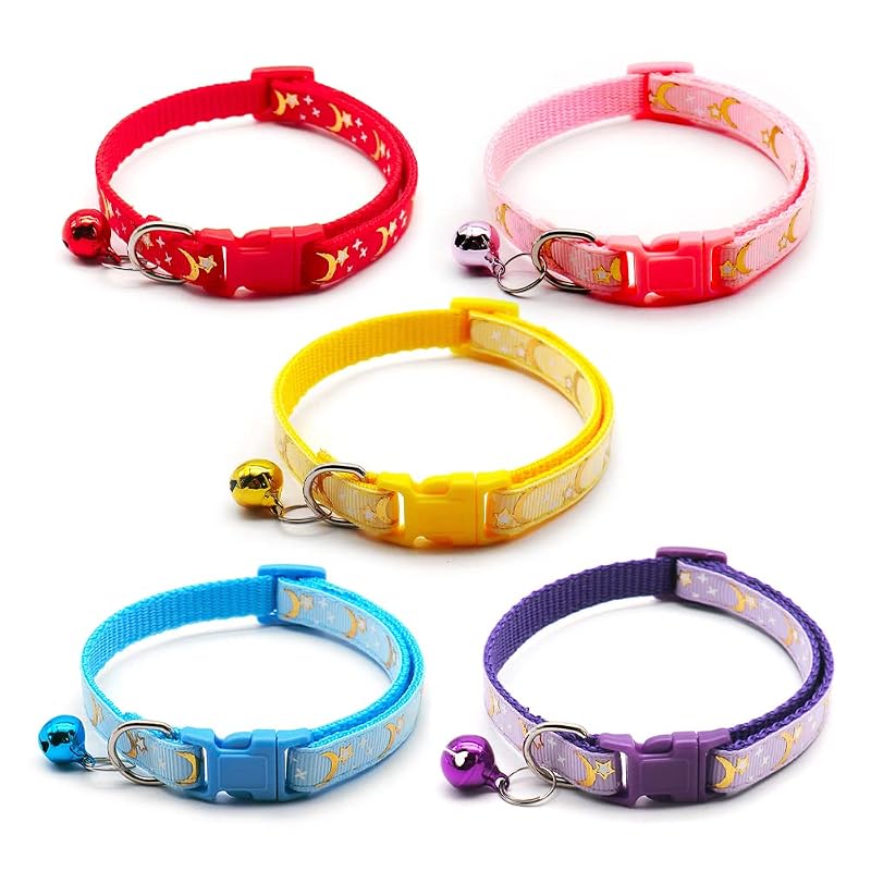 Coleira para gatos com estampa de luas e estrelas, sino removível Yitexin, pacote com 5 em 5 cores