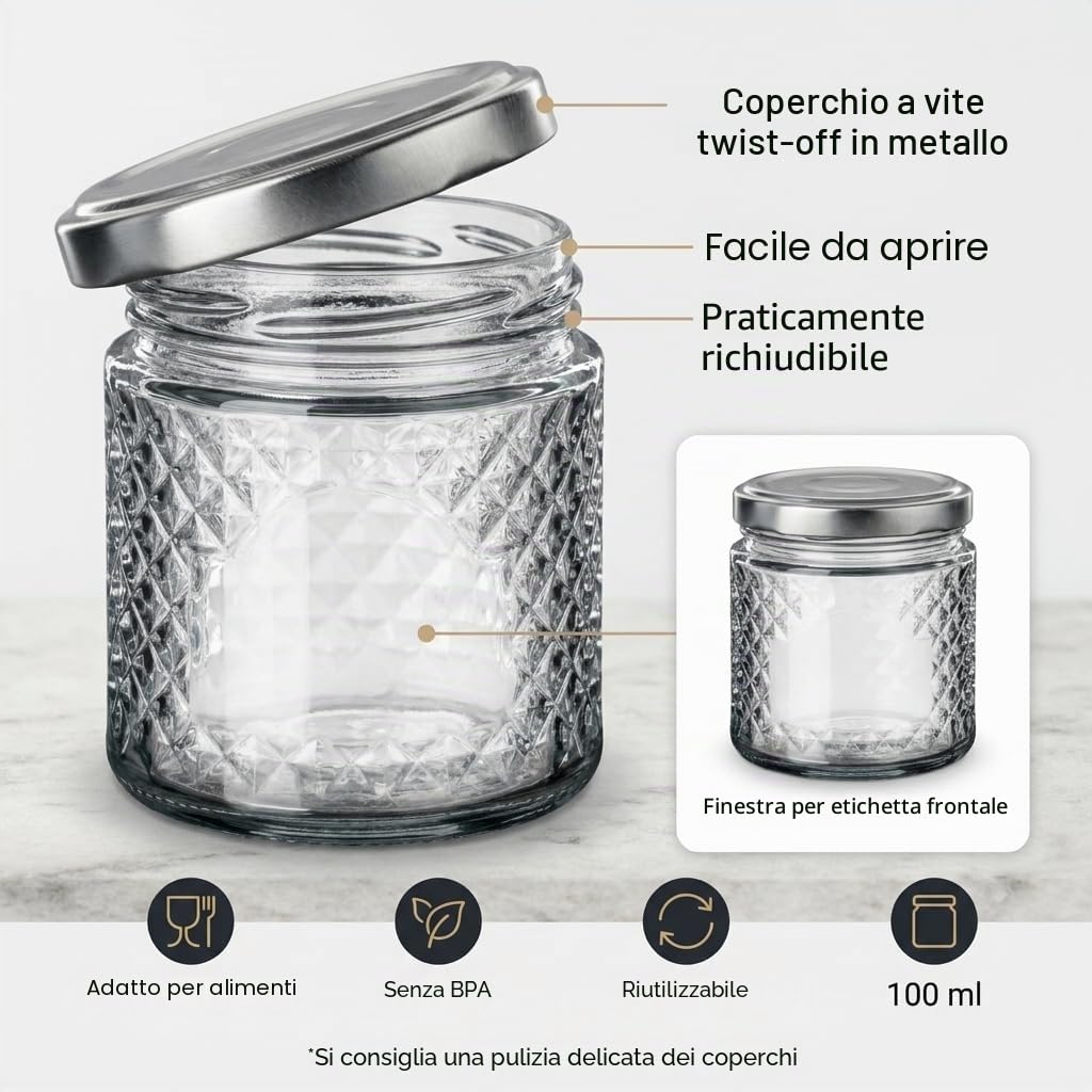 gouveo Set di 18 vasetti 100 ml rotondi in vetro cristallo con coperchio a vite argentato – Vasetti vuoti per conserve e conservazione – Piccoli barattoli decorativi con motivo a diamante (EGK150S)