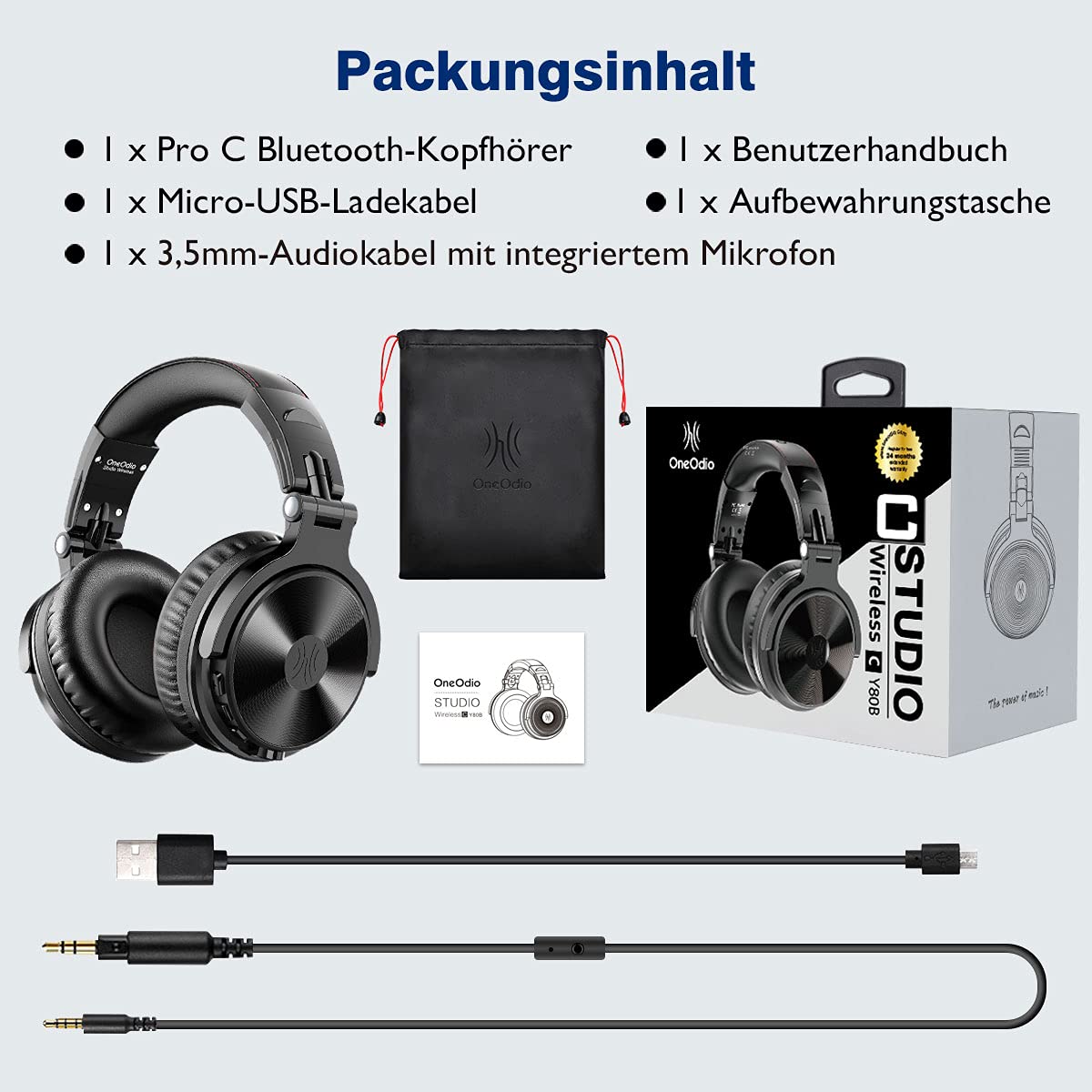 OneOdio Bluetooth Kopfhörer Over Ear, 110 Std Spielzeit, HiFi Stereo, Eingebautes Mikrofon, Faltbar, 50mm Treiber, Schwarz