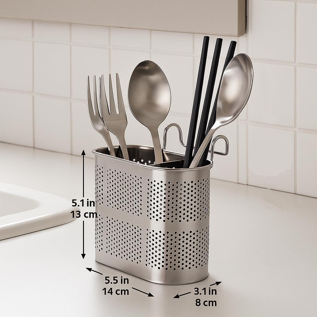 Tissting Stainless Steel Utensil Holder, 14x8x13cm Chopsticks Holder Rack Basket 2 Divided Compartments Drying Rack Holders Utensil Caddy for Kitchen