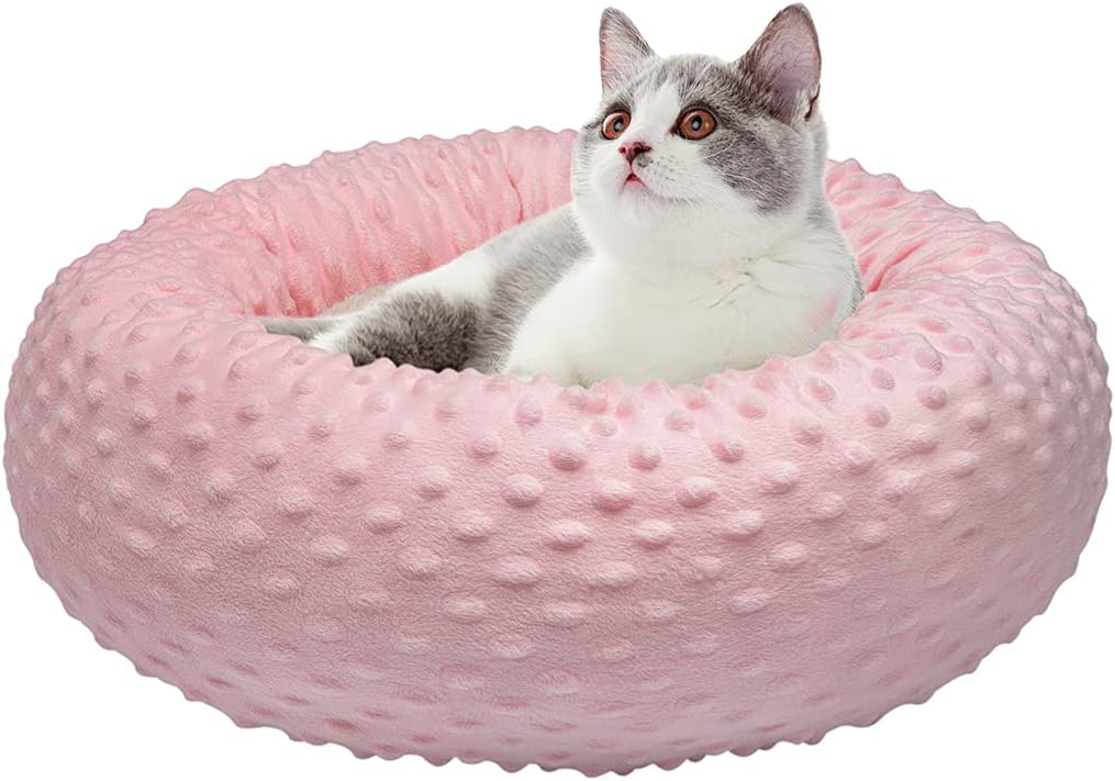 JATEN Cat Beds for Indoor Cats Small Dog Bed Donut Calming Anti-Anxiety Dog Beds with Dot Soft Plush for Small Dogs, Personalized Pet…